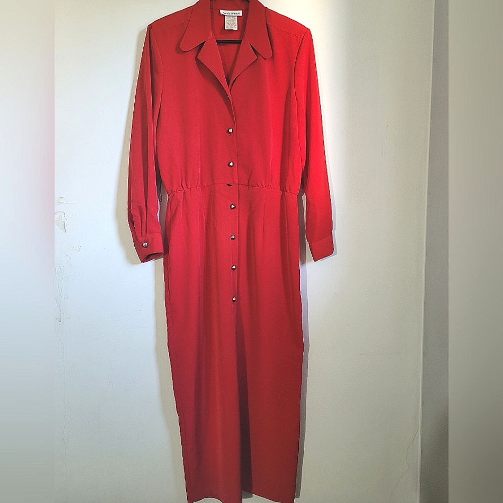 Vintage Nancy Crystal Women’s Sz 14 Red Secretary Shirt Dress Midi Long Sleeve